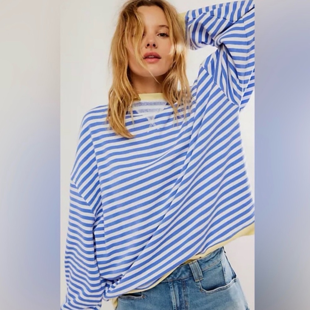 NWOT Free People Classic Striped Oversized Crewneck Sweatshirt